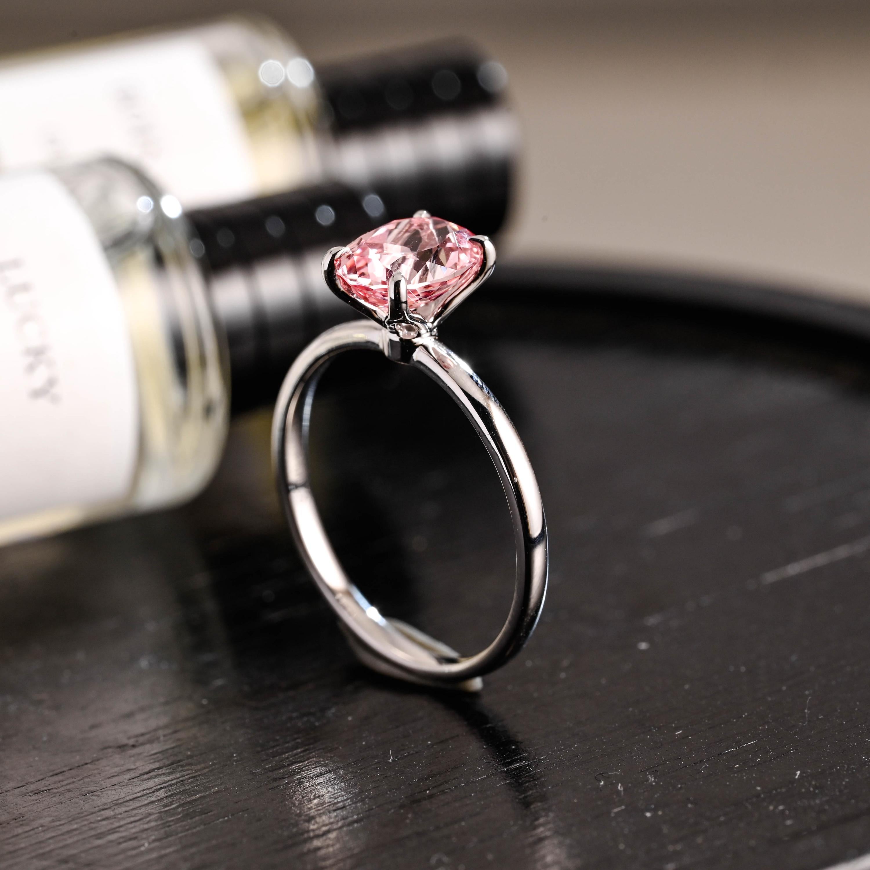 Solid Gold Tulip Setting Oval Cut Lab Grown Pink Sapphire Engagement Ring