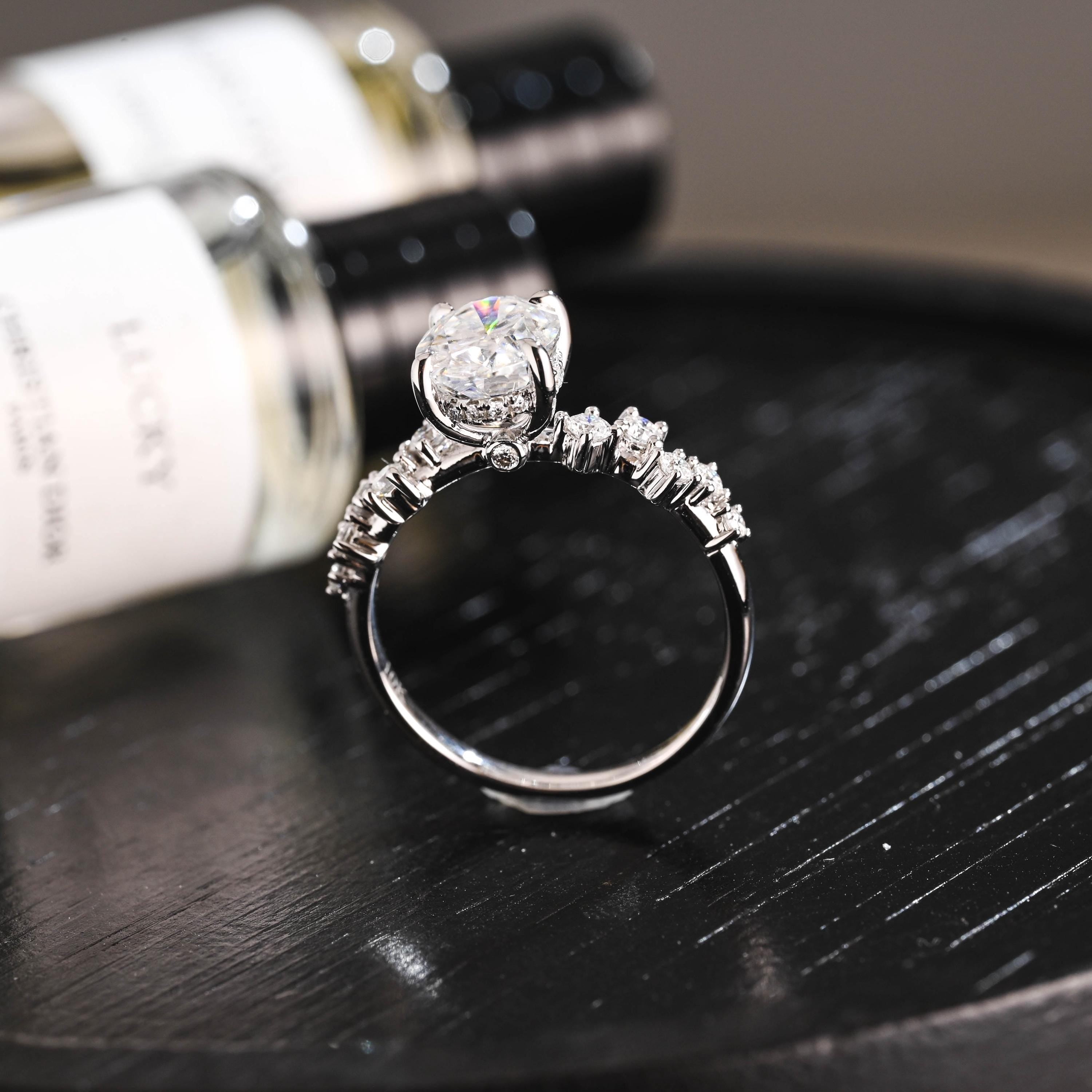 Solid Gold Oval Cut Moissanite Engagement Ring, Anniversary Gift Birthday Gift for Women Wife
