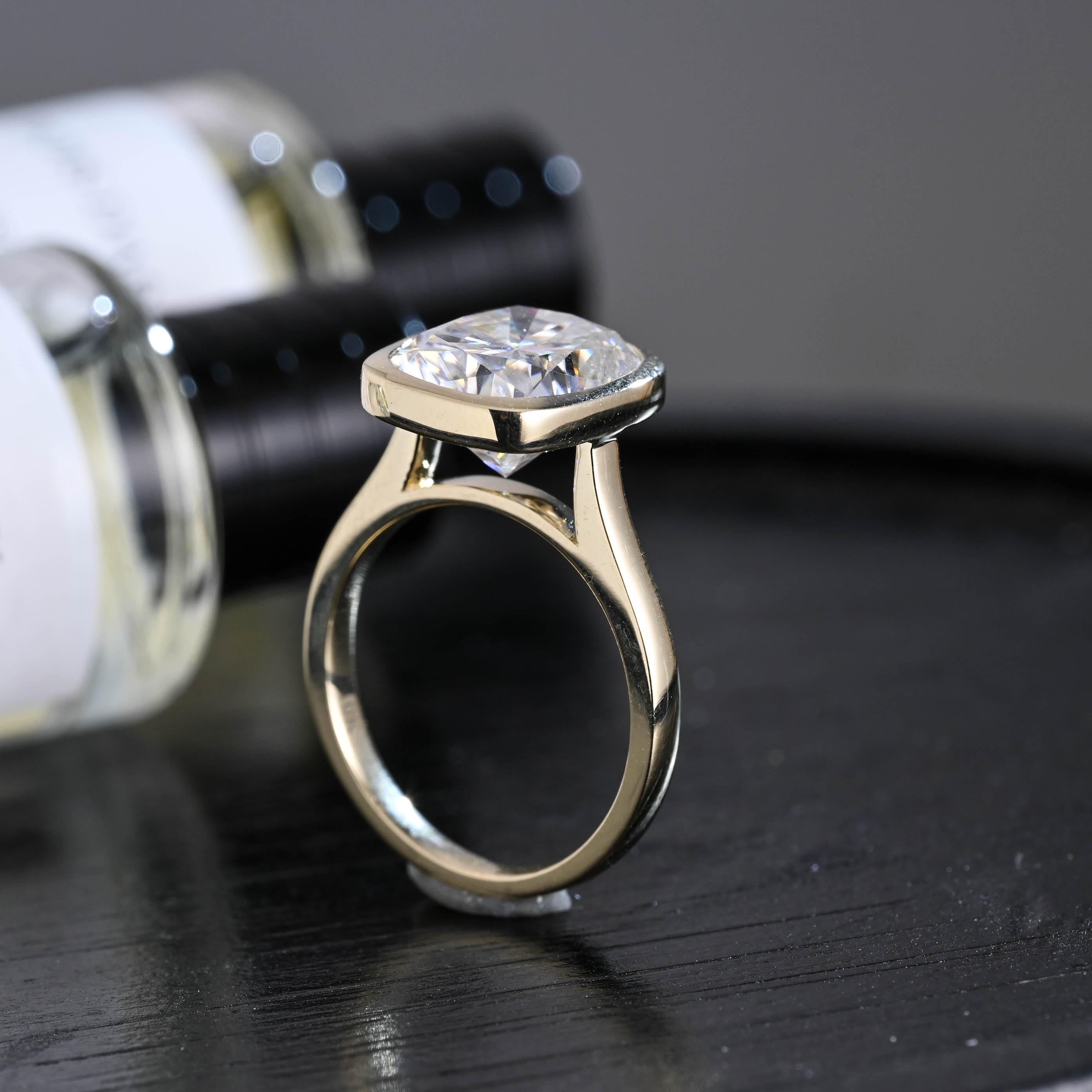 Solid Gold Bezel Elongated Cushion Cut Moissanite Engagement Ring, Anniversary Gift for Women