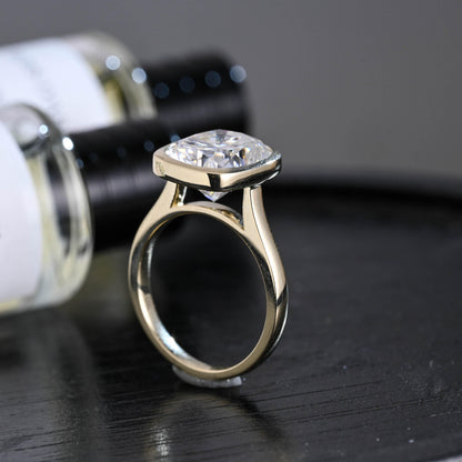 Solid Gold Bezel Elongated Cushion Cut Moissanite Engagement Ring, Anniversary Gift for Women