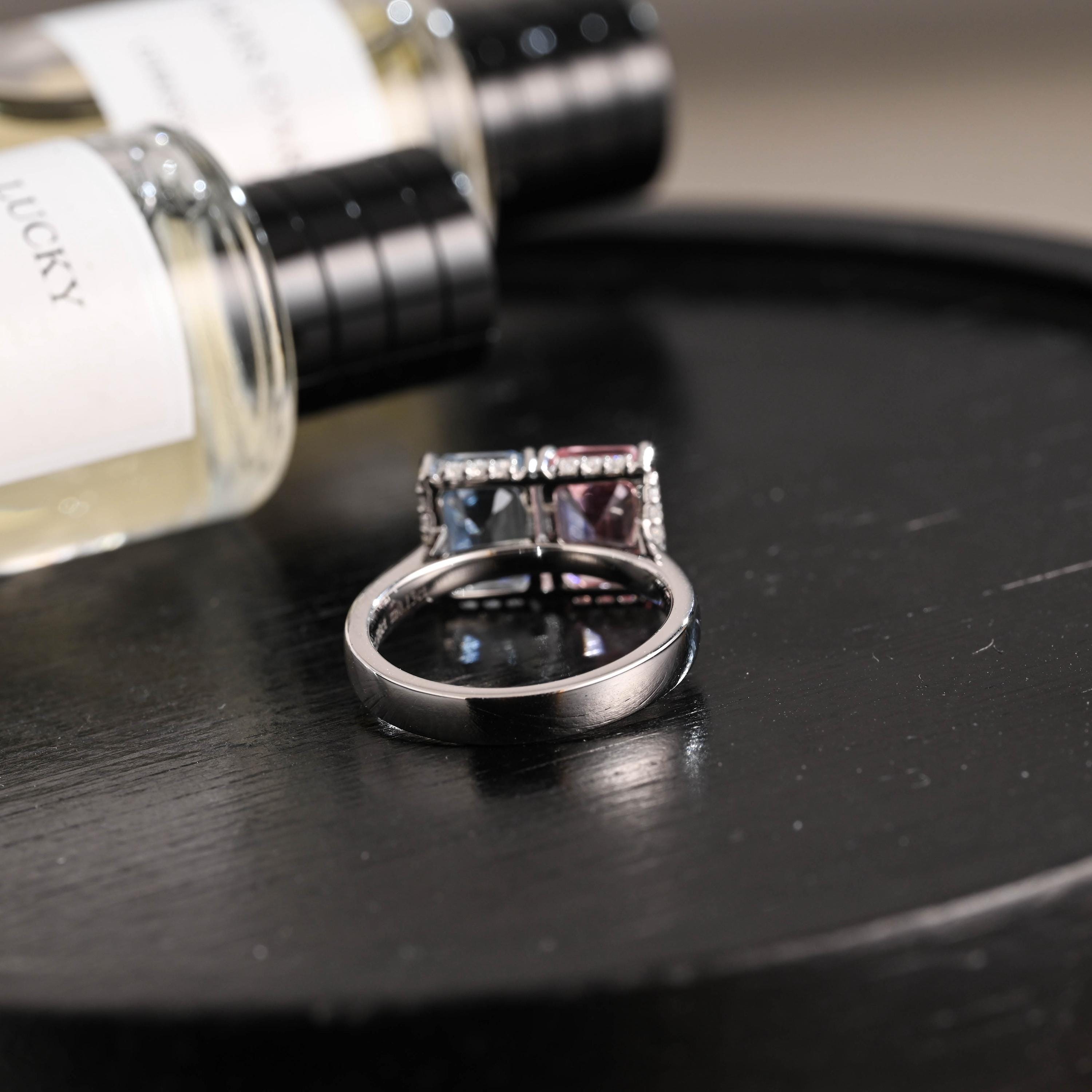 Solid Gold Toi et Moi Emerald Cut Pink Lab Grown Sapphire & Blue Lab Grown Sapphire Engagement Ring
