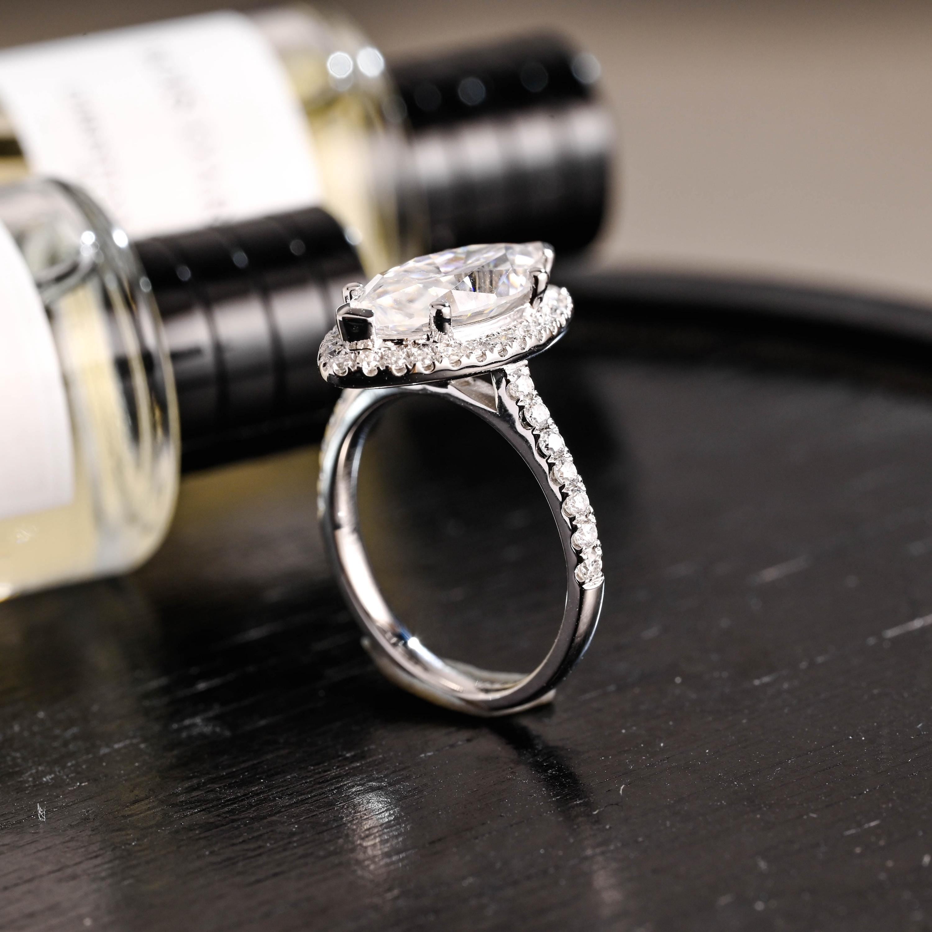 Solid Gold Halo Marquise Moissanite Engagement Ring, Round Cut Accent Stones