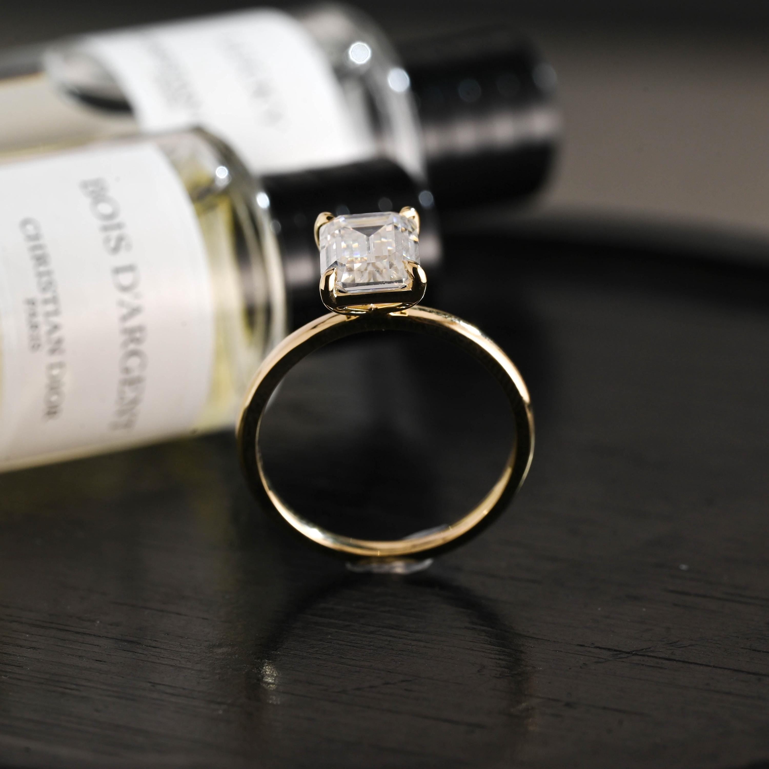 Solid Gold Emerald Cut Moissanite Engagement Ring, Solitaire Emerald Cut Anniversary Ring for Women