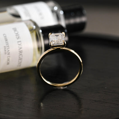 Solid Gold Emerald Cut Moissanite Engagement Ring, Solitaire Emerald Cut Anniversary Ring for Women