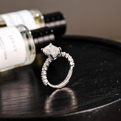 Solid Gold Half Eternity Emerald Cut Moissanite Engagement Ring, Proposal Ring, Round Promise Ring, Wedding Ring, Anniversary Gift for Women