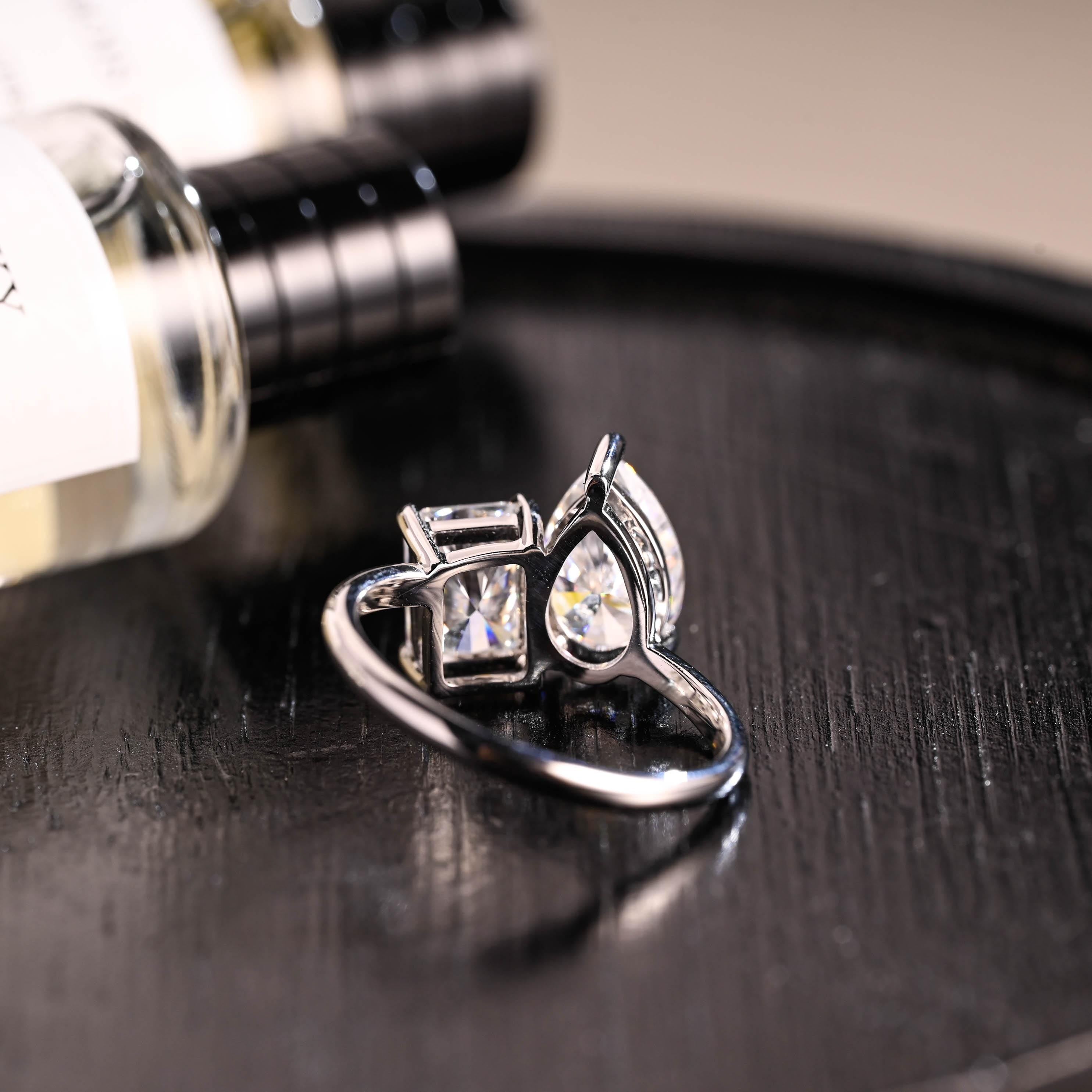 Toi et Moi Moissanite Engagement Ring, Radiant/Pear Moissanite Solid Gold Ring, Two-Stone Wedding Ring