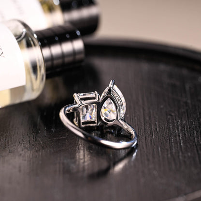 Toi et Moi Moissanite Engagement Ring, Radiant/Pear Moissanite Solid Gold Ring, Two-Stone Wedding Ring