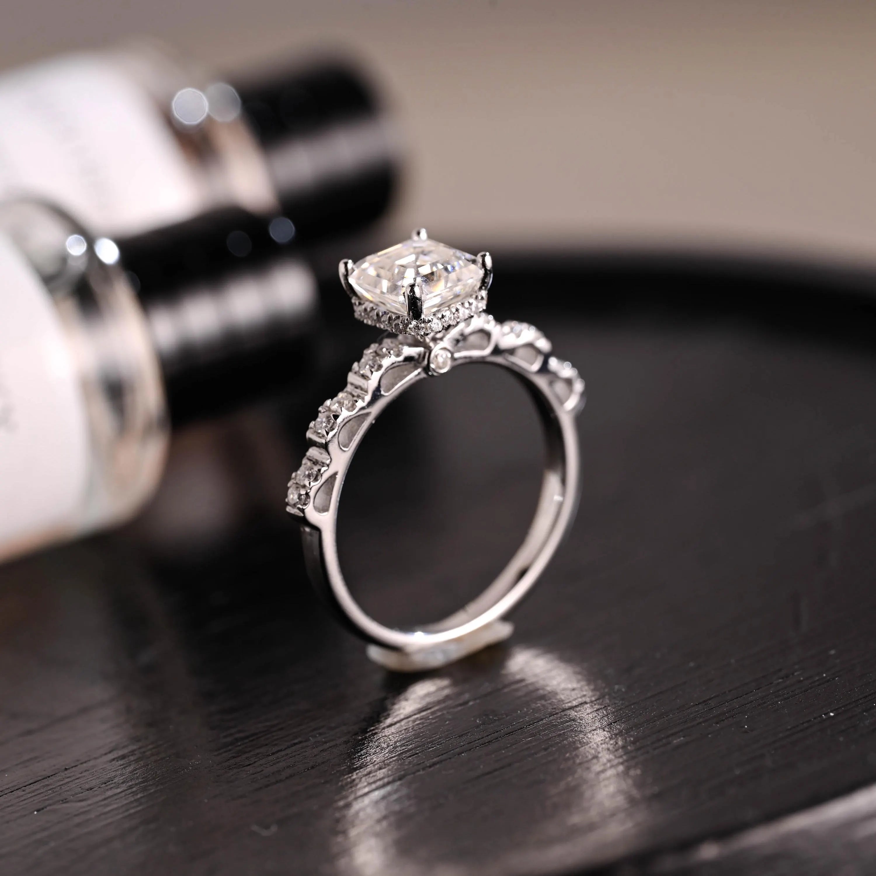 Solid Gold Hidden Halo Asscher Cut Moissanite Engagement Ring, Anniversary Gift for Women Wife