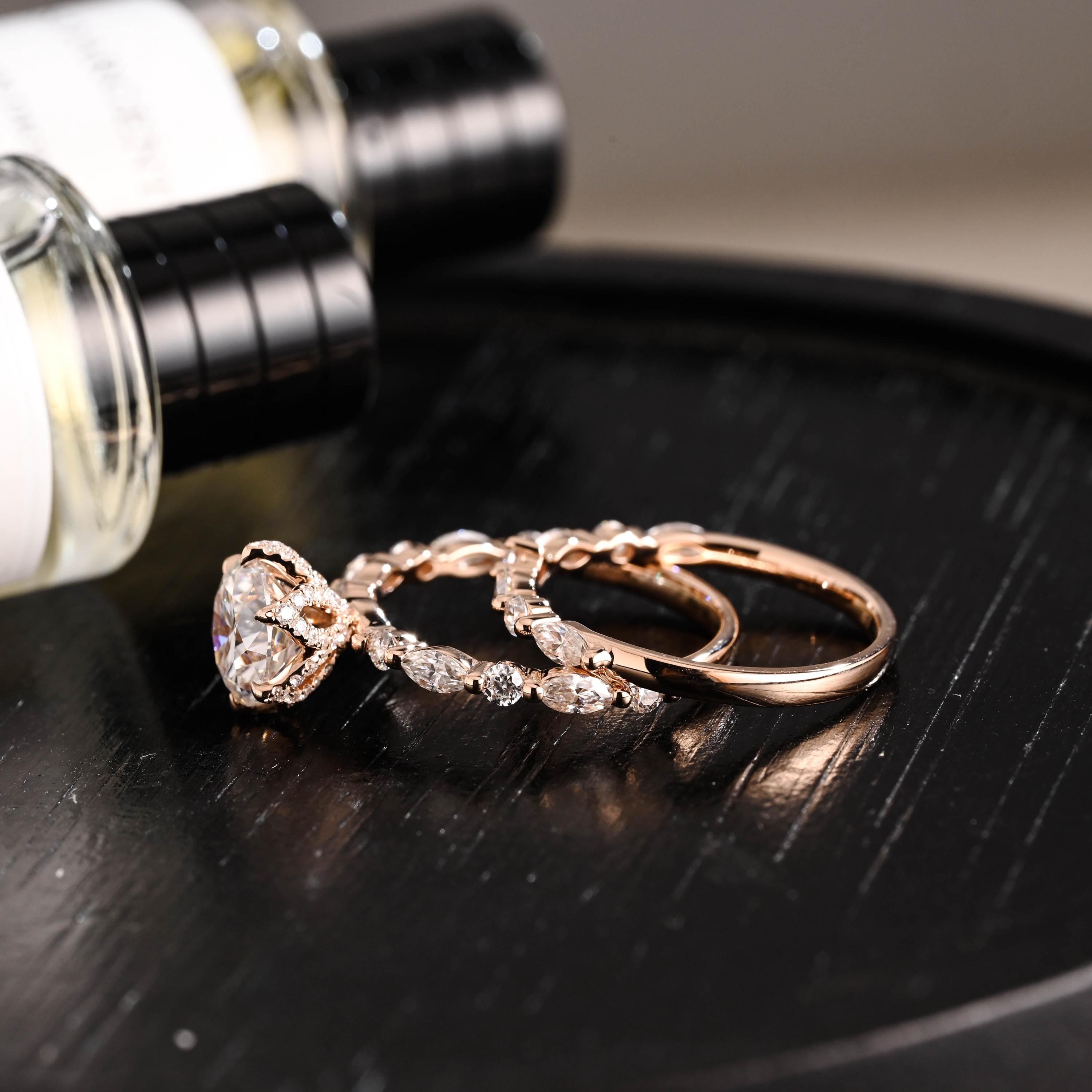 Solid Gold Round Cut Moissanite Engagement Ring Set, Marquise Bridal Round Wedding Ring Set