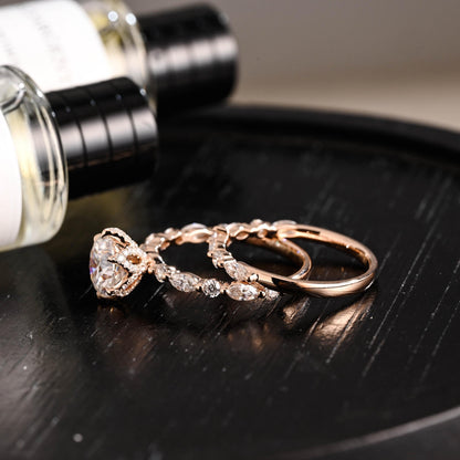 Solid Gold Round Cut Moissanite Engagement Ring Set, Marquise Bridal Round Wedding Ring Set