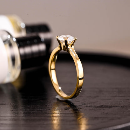 Low Setting Solid Gold Round Cut Moissanite Engagement Ring, Round Cut Moissanite Anniversary Ring