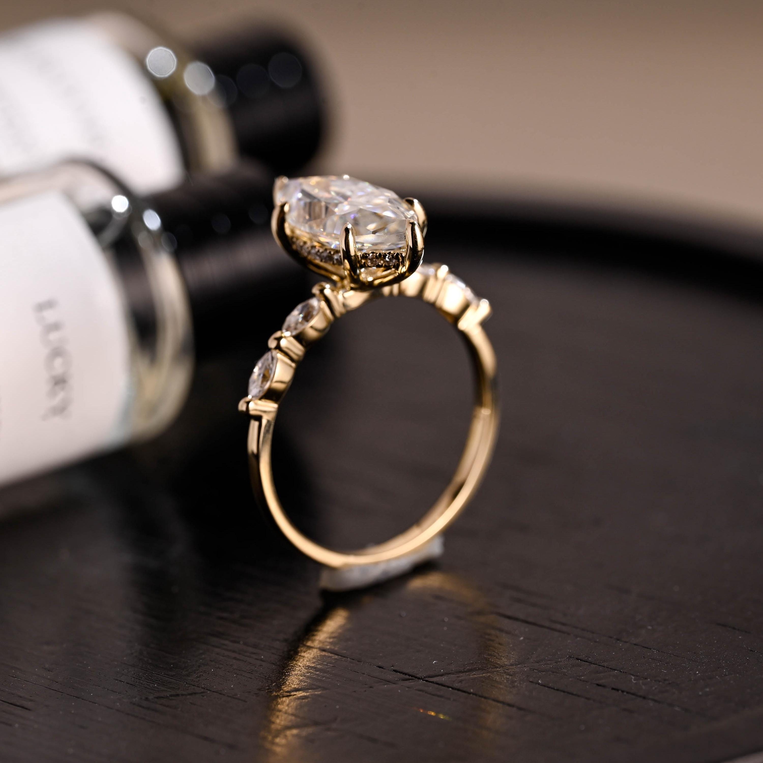 Solid Gold Side Stone Marquise Cut Moissanite Engagement Ring, Hidden Halo Moissanite Wedding Ring