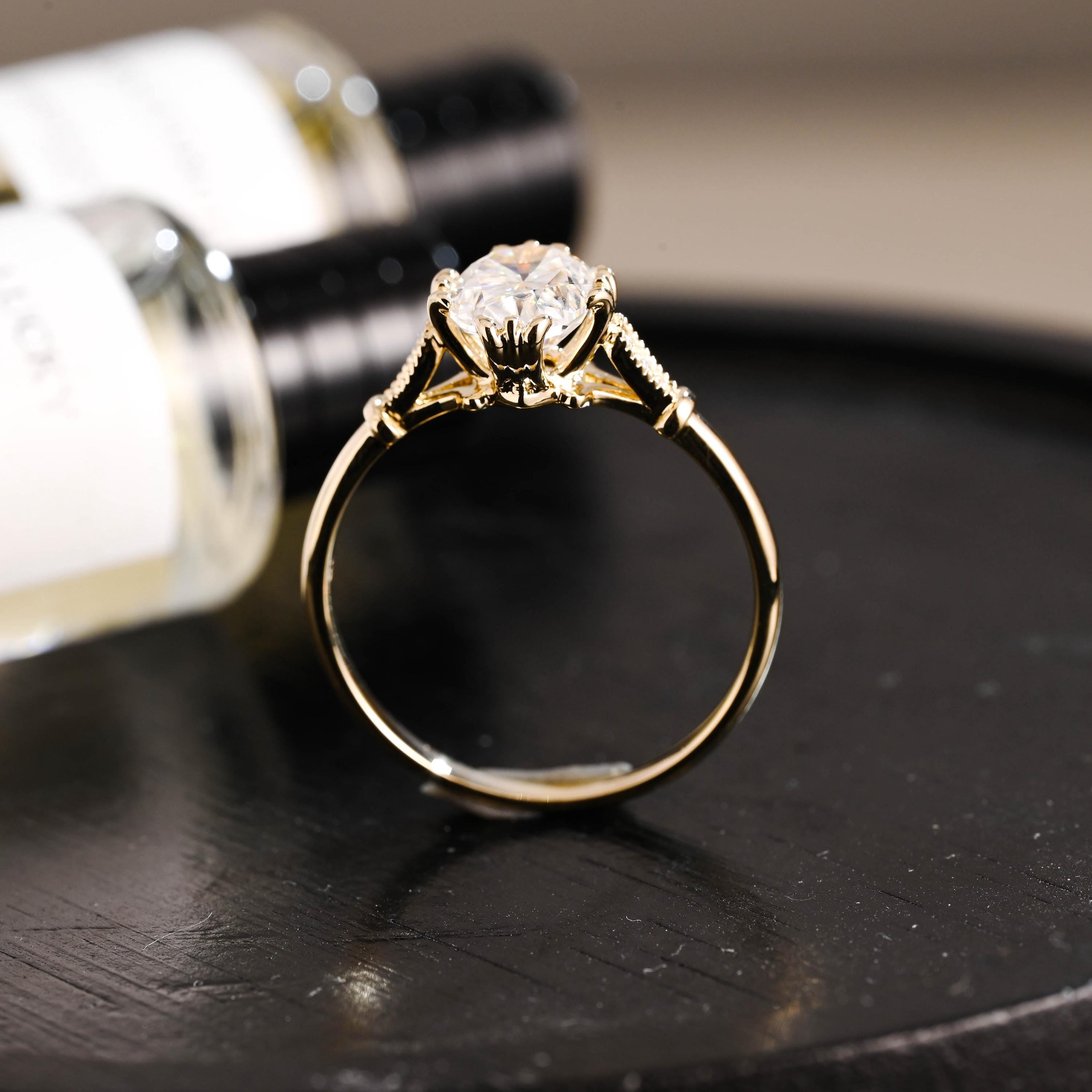Solid Gold Oval Cut Moissanite Engagement Ring, Anniversary Gift Birthday Gift for Women Wife
