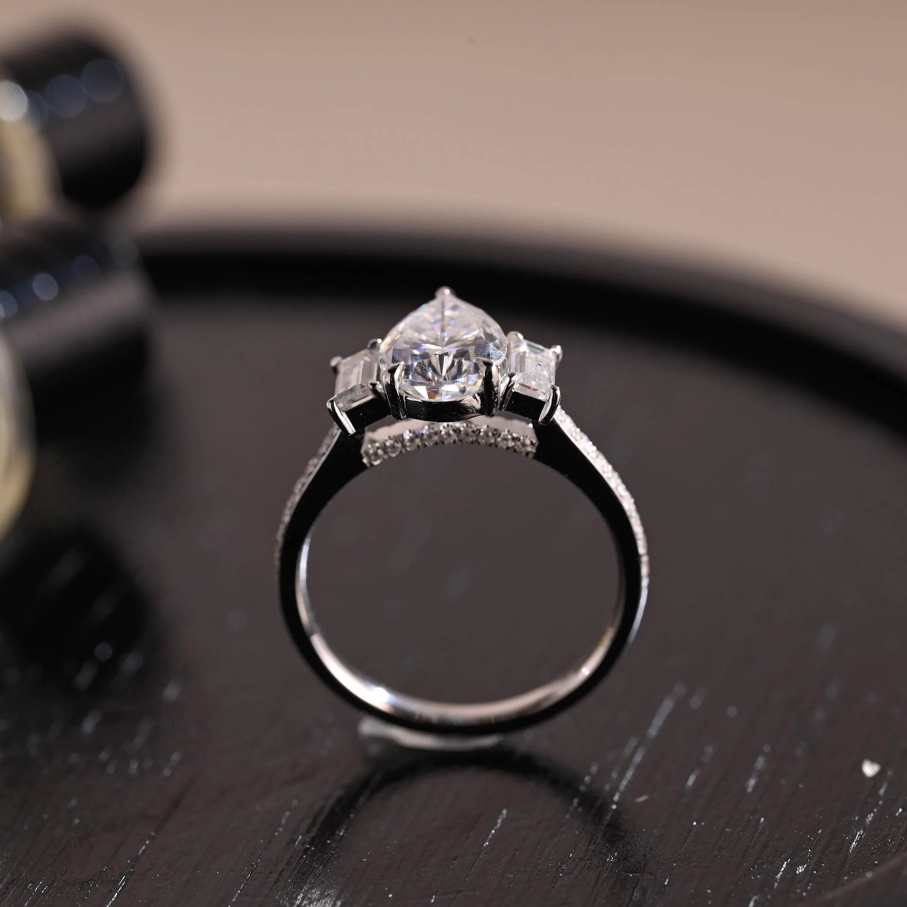 Three Stone Pear Cut Moissanite Engagement Ring, Bridge Setting Solid Gold Pave Moissanite Wedding Ring