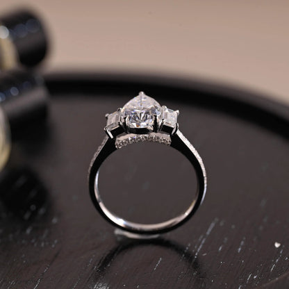 Three Stone Pear Cut Moissanite Engagement Ring, Bridge Setting Solid Gold Pave Moissanite Wedding Ring