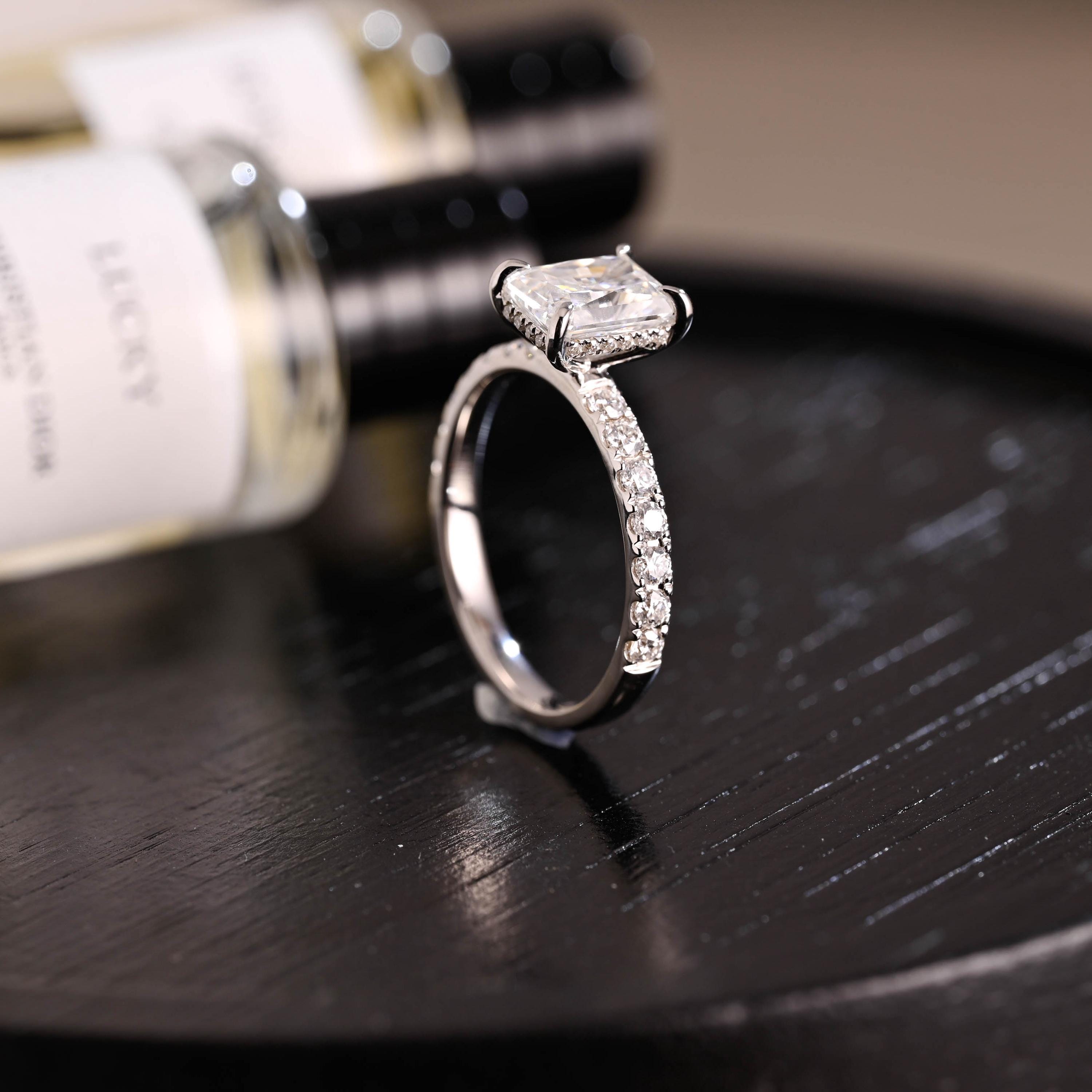 Solid Gold Hidden Halo Radiant Cut Moissanite Engagement Ring, Anniversary Gift for Women Wife