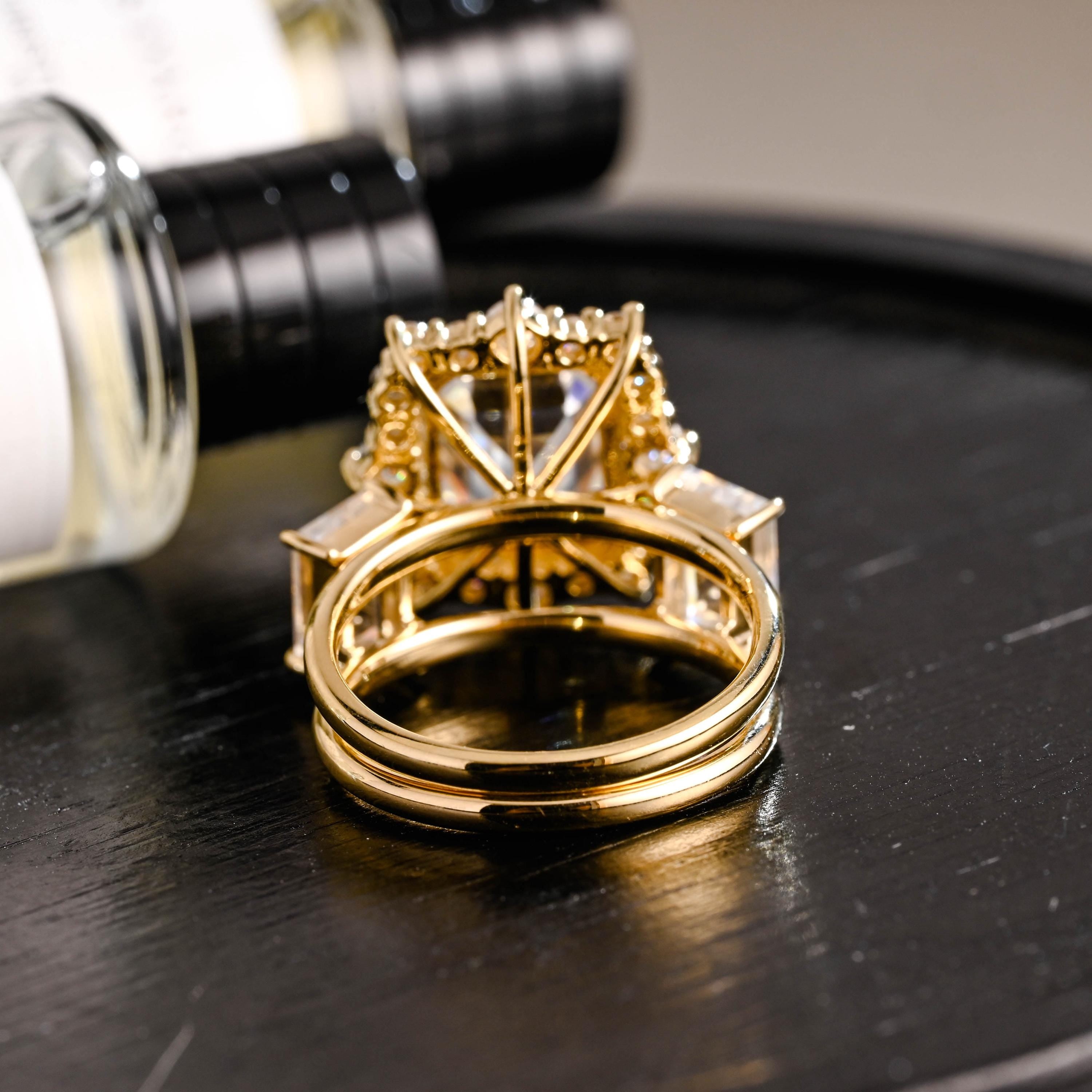 Solid Gold Emerald Cut Moissanite Engagement Ring Set, Bridal Set, Trapezoid Cut Wedding Band