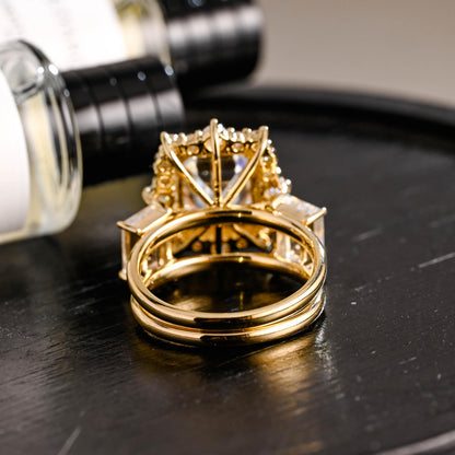 Solid Gold Emerald Cut Moissanite Engagement Ring Set, Bridal Set, Trapezoid Cut Wedding Band