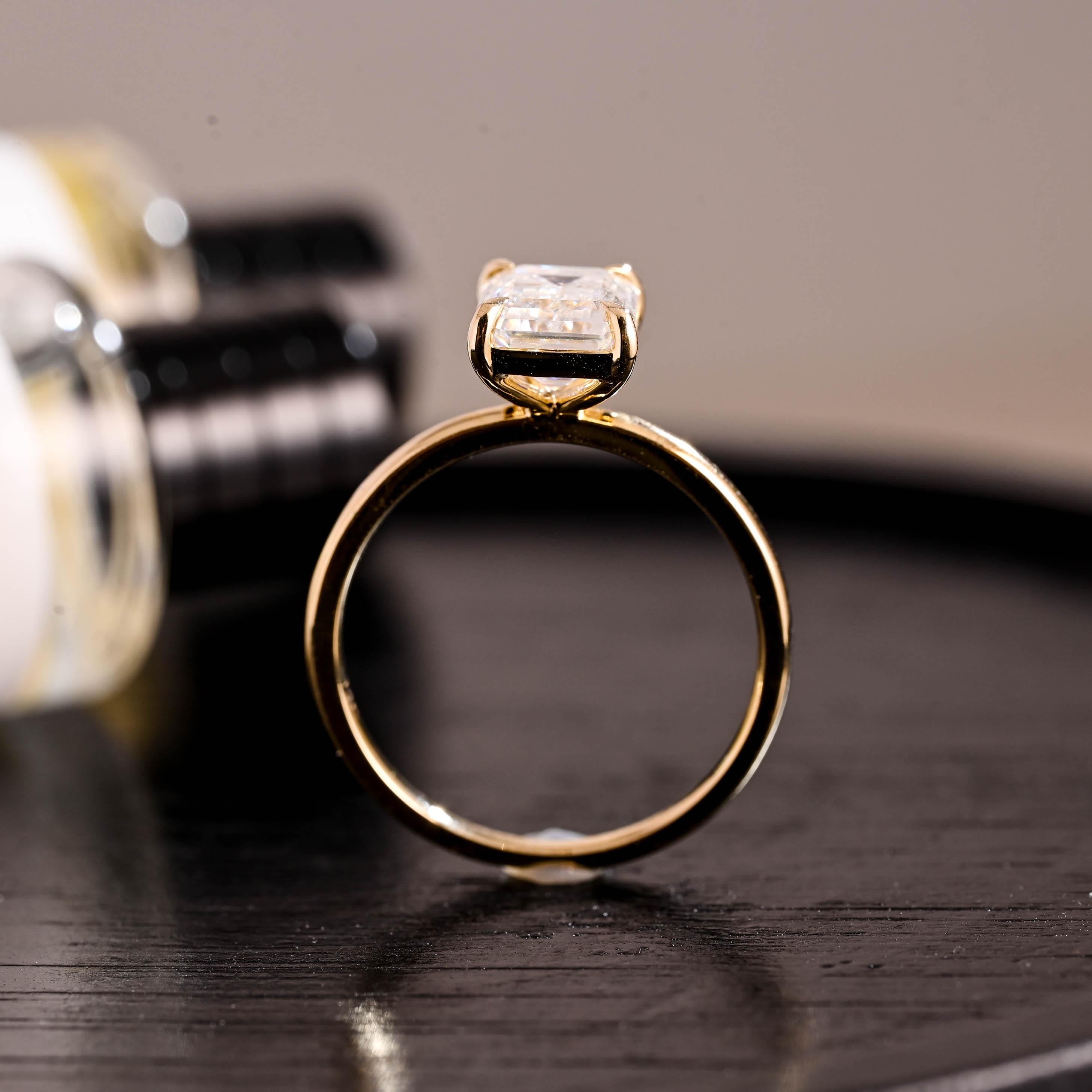 Solid Gold Solitaire Emerald Cut Moissanite Engagement Ring, Moissanite Promise Ring