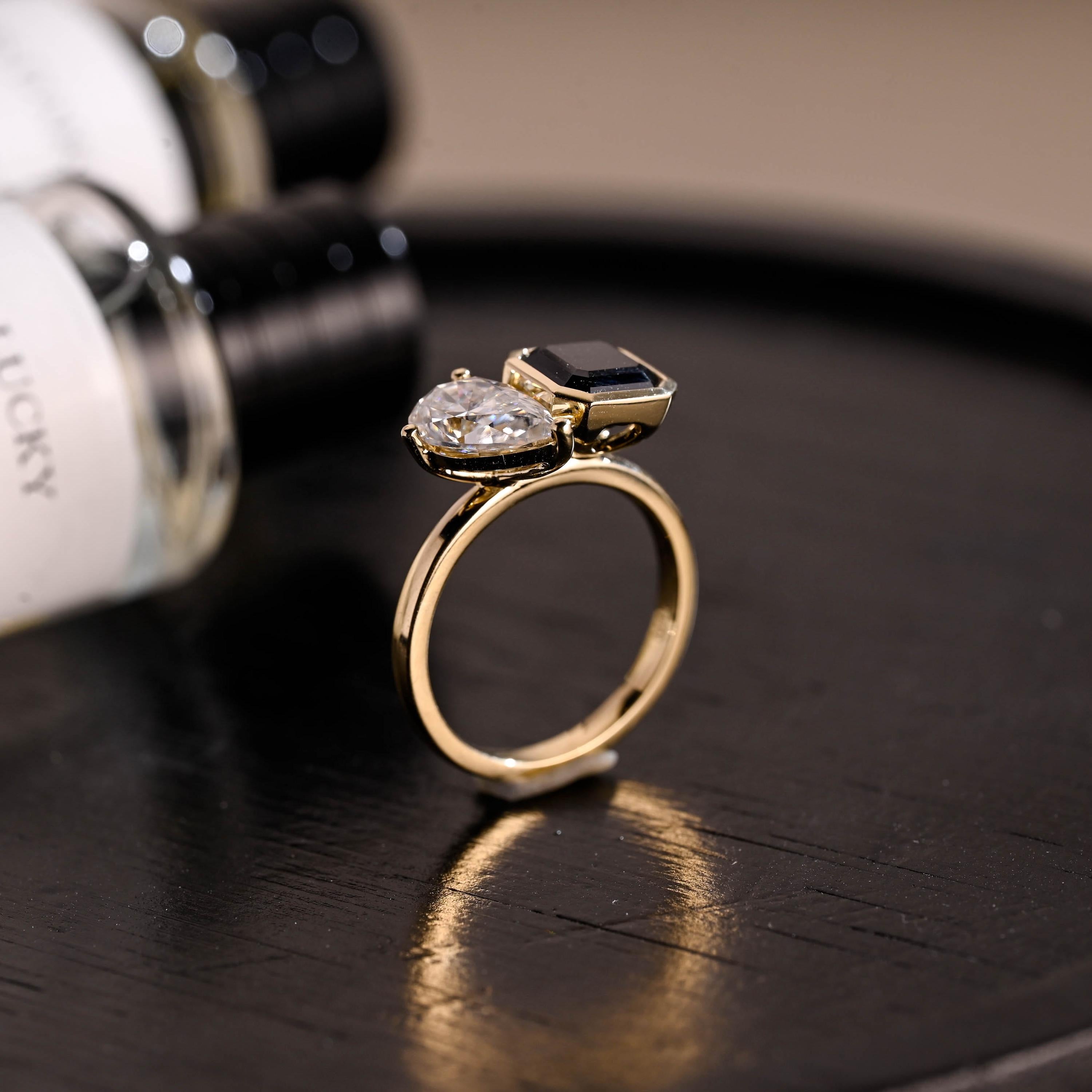 Asscher Cut Black Moissanite Gothic Style Toi et Moi Engagement Ring, Solid Gold Bezel Alternative Ring Gifts