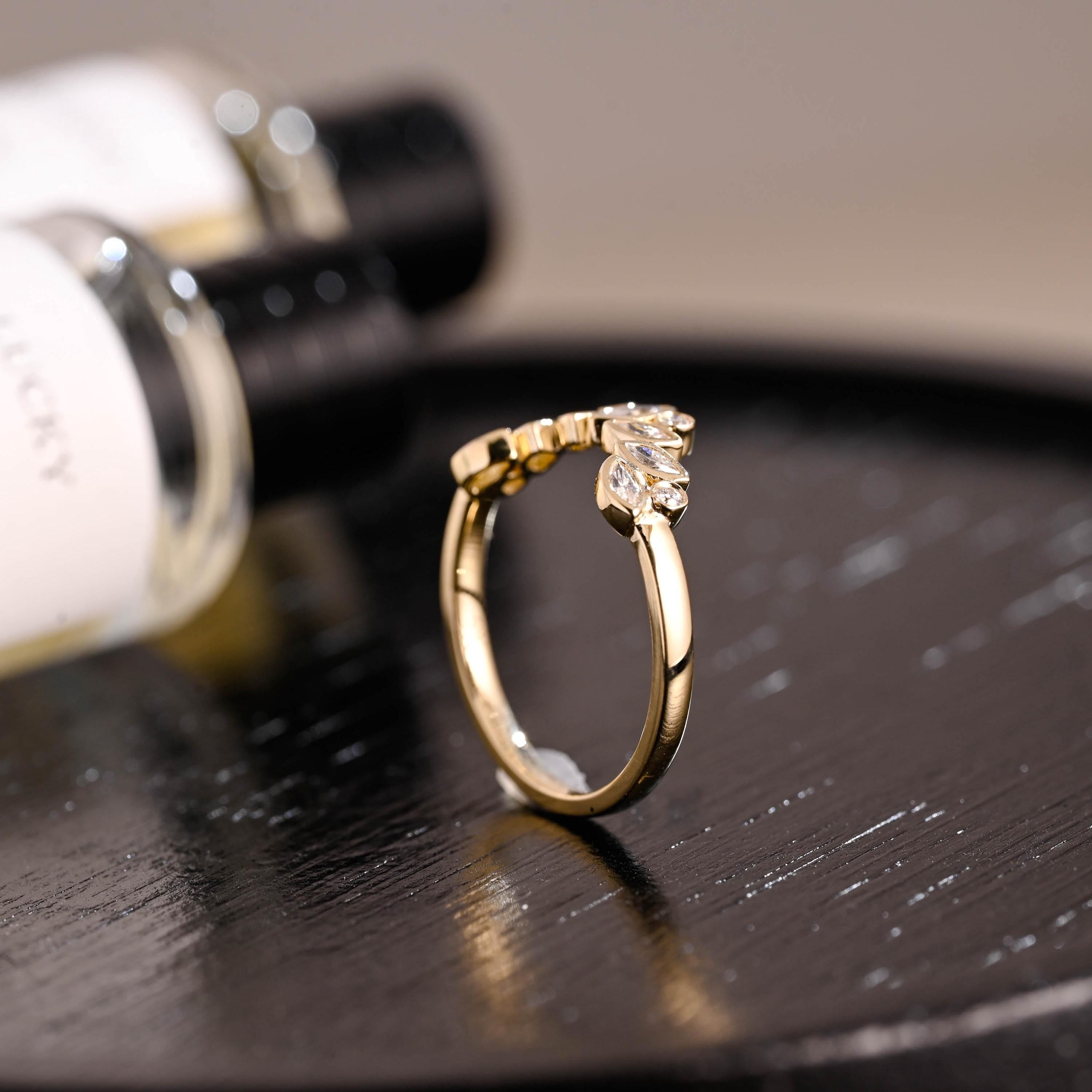 Curved Solid Gold Moissanite Wedding Band, Bezel Nest Ring