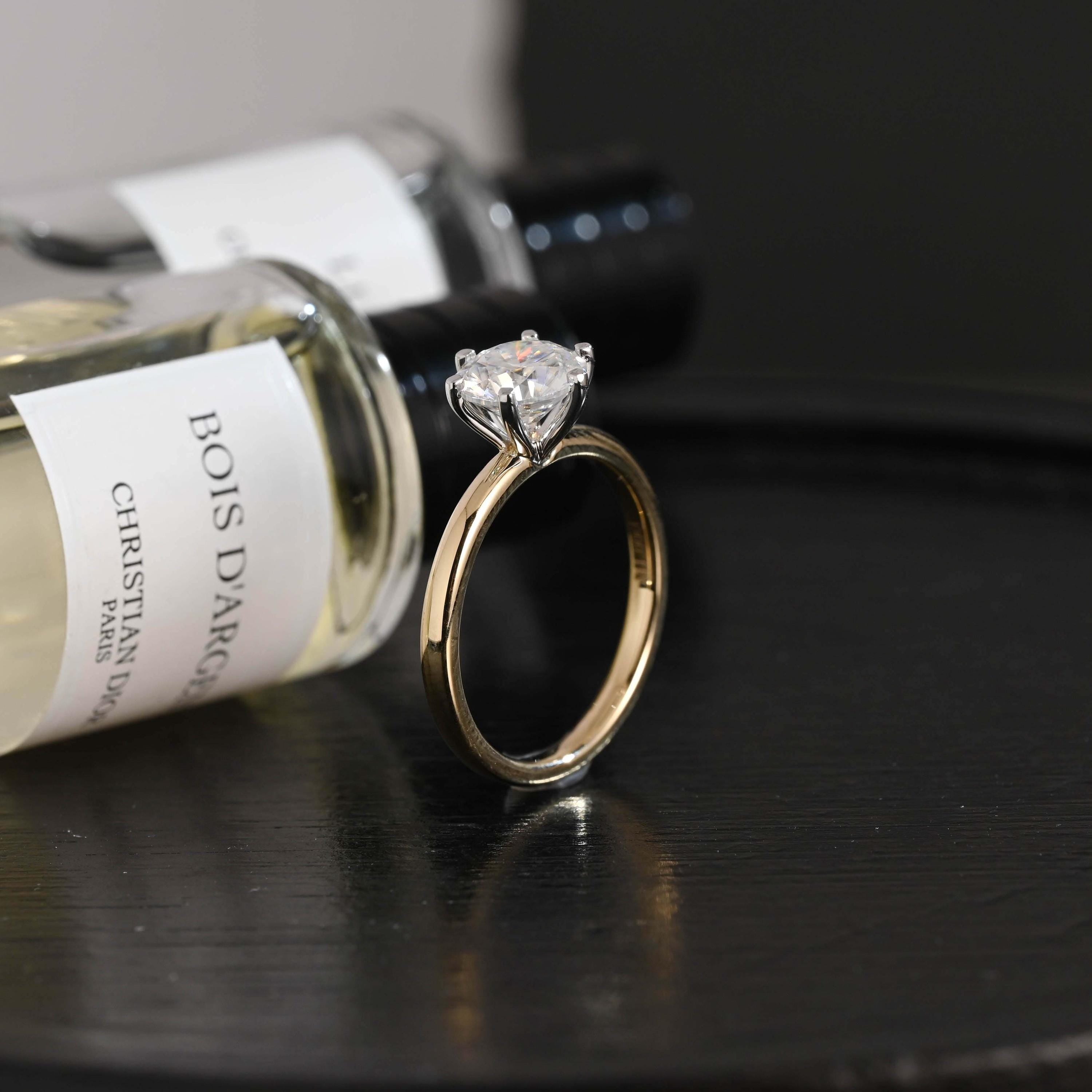 Solid Gold Two Tone Round Moissanite Engagement Ring, Solitaire Ring
