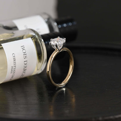 Solid Gold Two Tone Round Moissanite Engagement Ring, Solitaire Ring