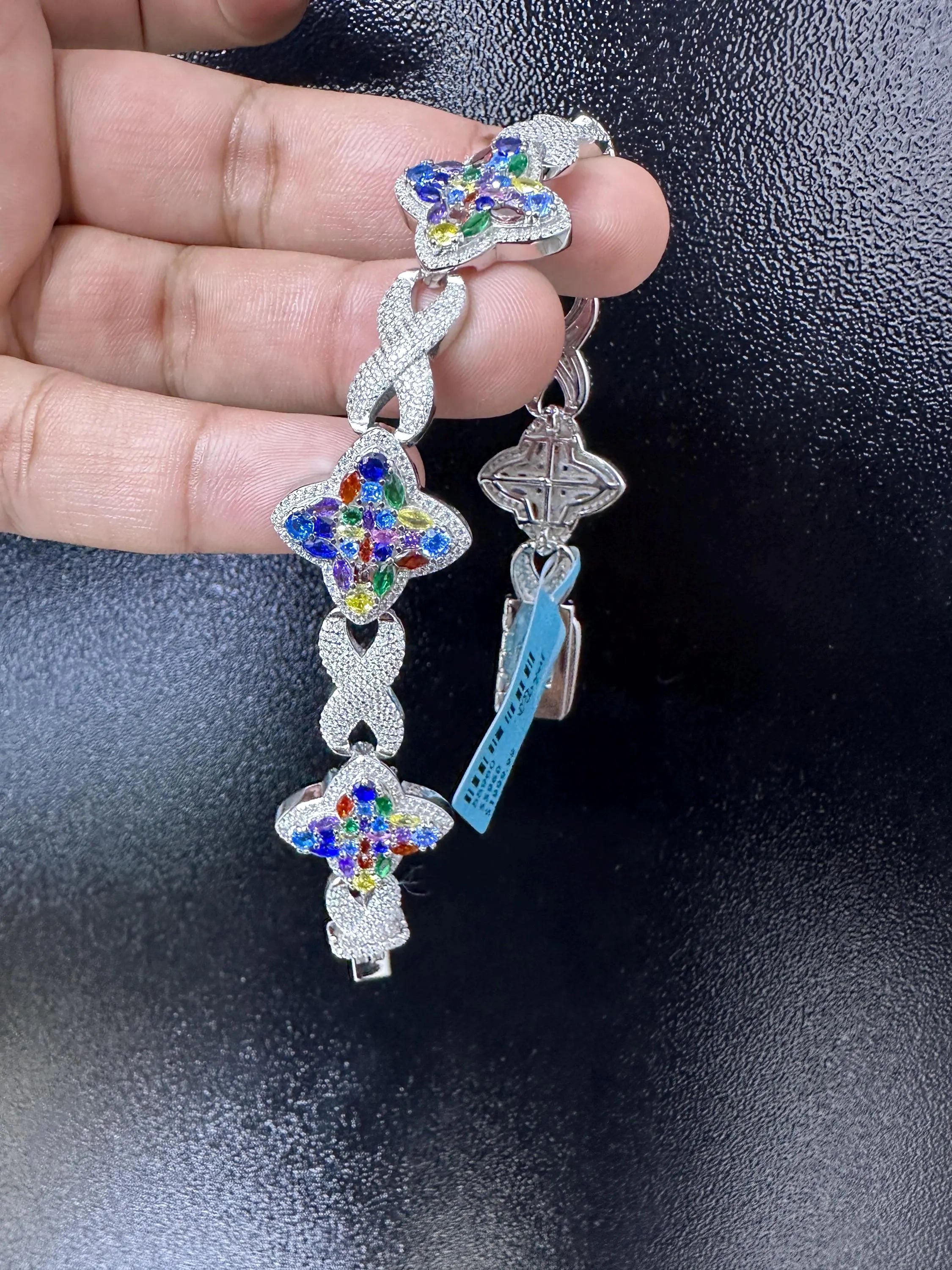 Iced Out Moissanite Bracelet 8.82CTW VVS D Color 925 Sterling Silver Colored Gemstone Sapphire Custom Made Iced Out Handmade Bracelet Clover