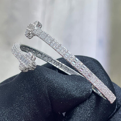 Moissanite Four Leaf Clover Bangle: Sterling Silver Cuff Bracelet (4.20ctw)
