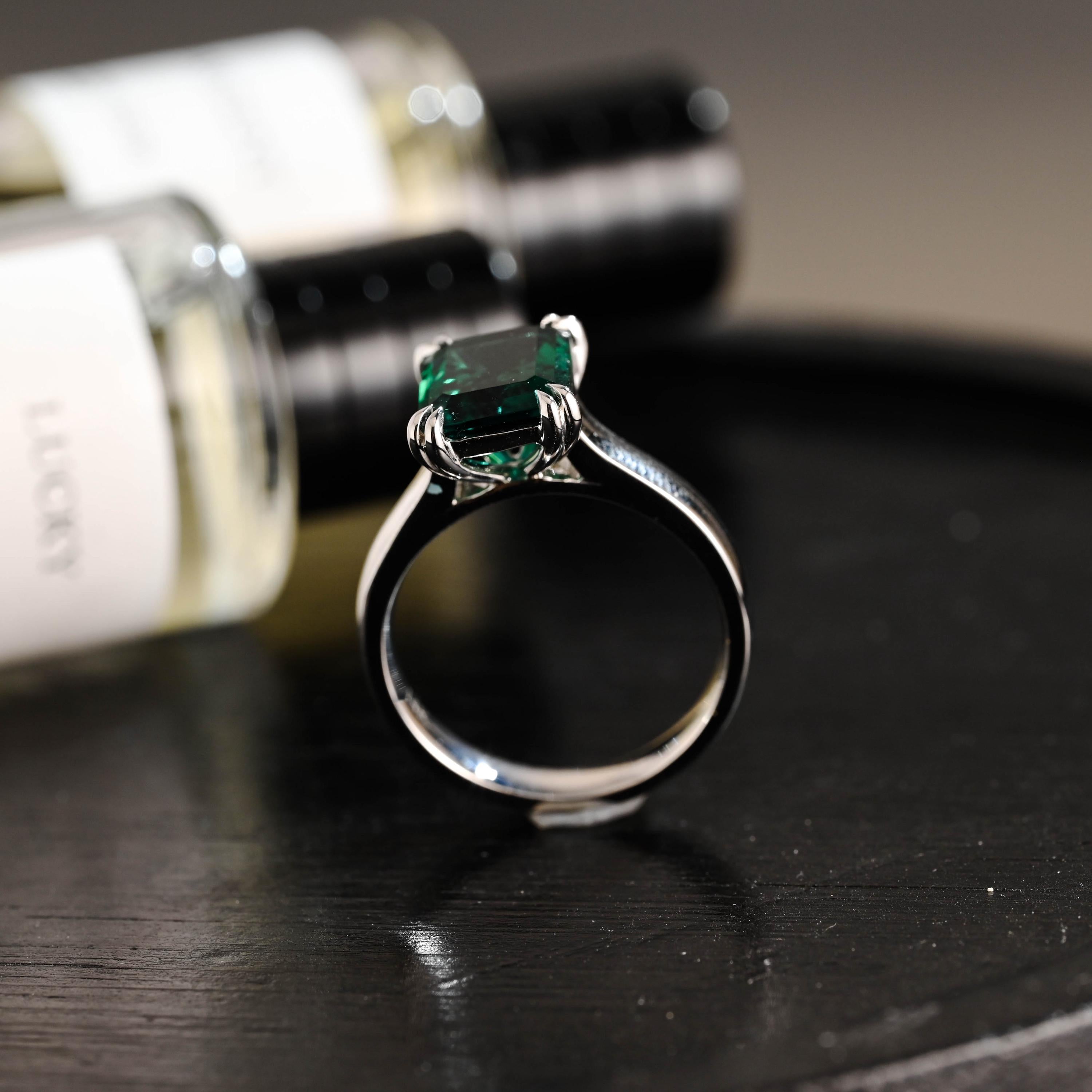 3mm Wide Solid Gold Lab Grown Emerald Engagement Ring, Proposal Ring, Promise Ring, Wedding Ring, Anniversary Gift Birthday Gift for Women