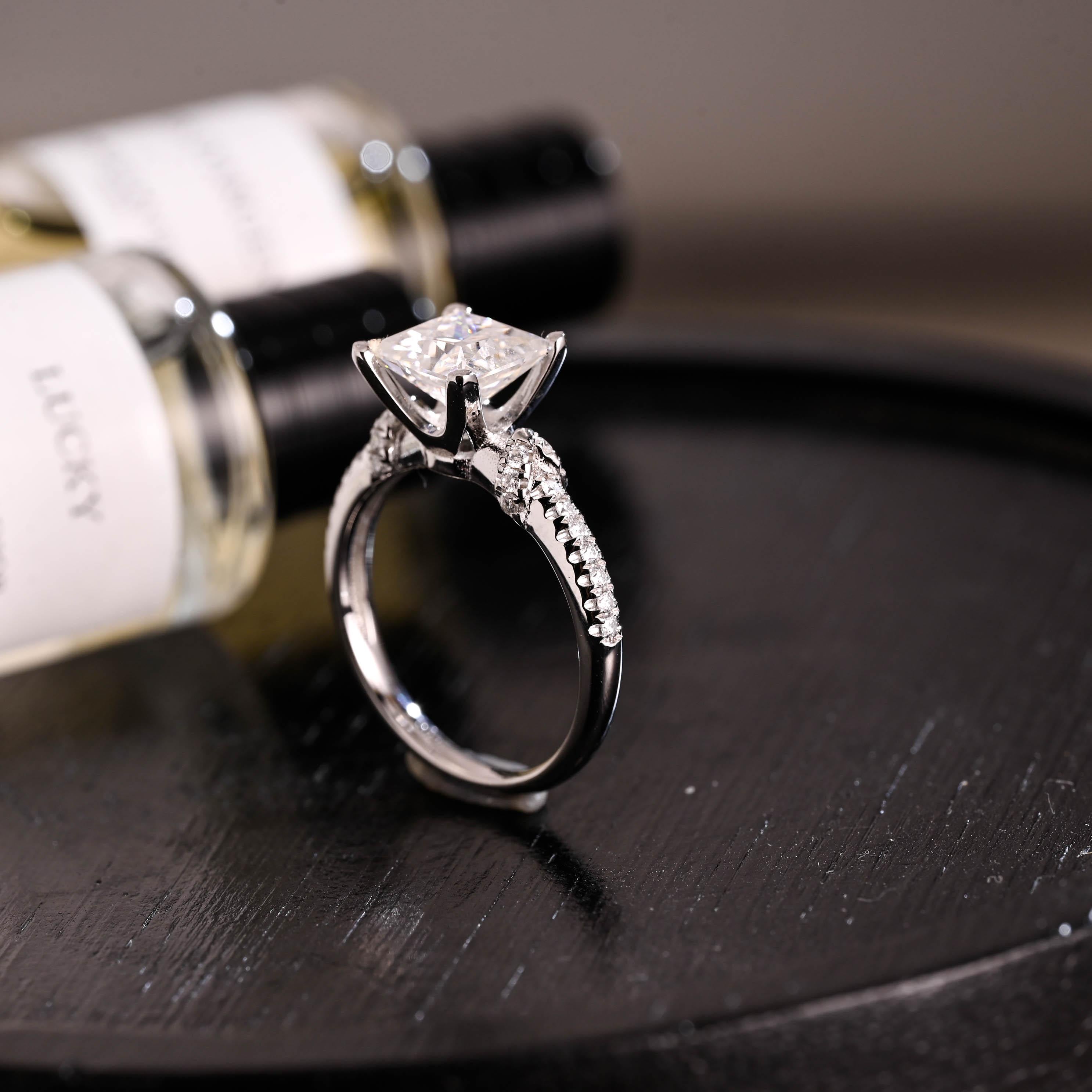 Solid Gold Princess Cut Moissanite Engagement Ring, Anniversary Gift Birthday Gift for Women Wife