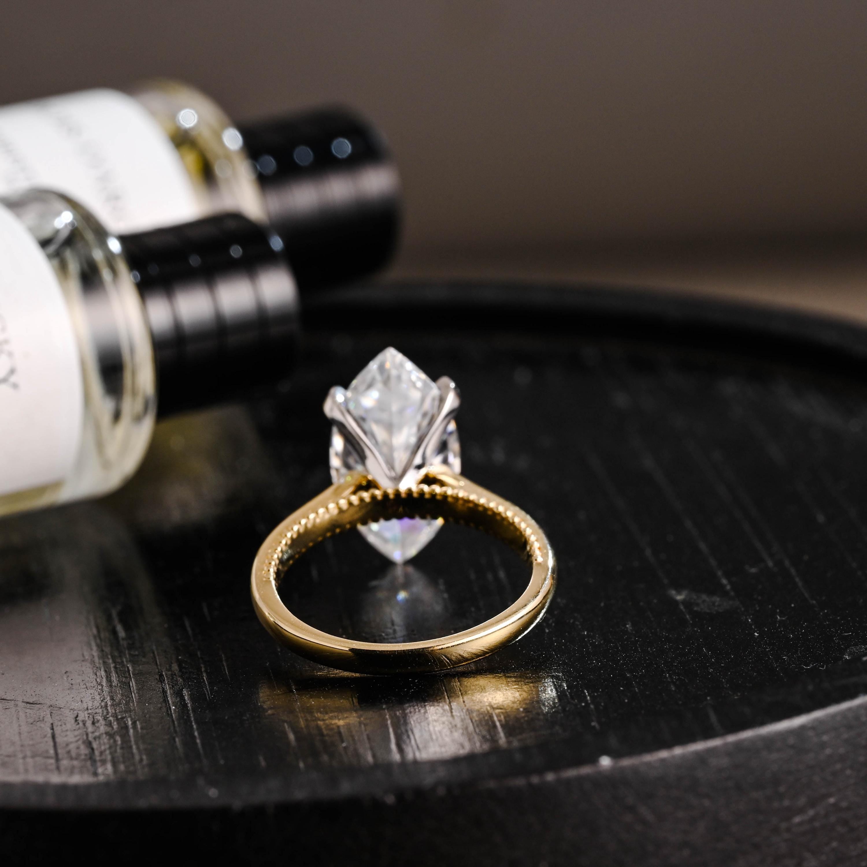 Beaded Marquise Moissanite Solid Gold Engagement Ring, Vintage Style Ring