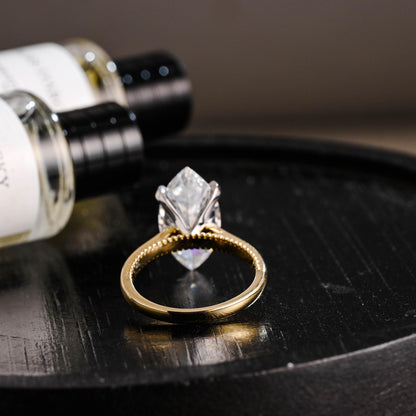 Beaded Marquise Moissanite Solid Gold Engagement Ring, Vintage Style Ring
