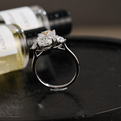 Solid Gold Three Stone Oval Moissanite Engagement Ring, Anniversary Gift Birthday Gift for Women
