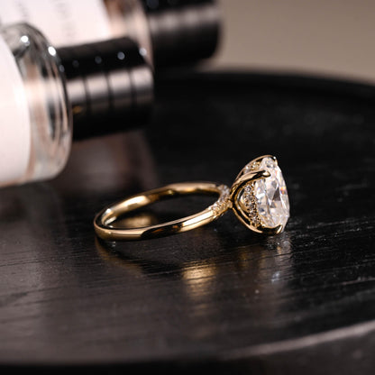 Solid Gold Hidden Halo Oval Cut Moissanite Engagement Ring, Anniversary Ring for Her