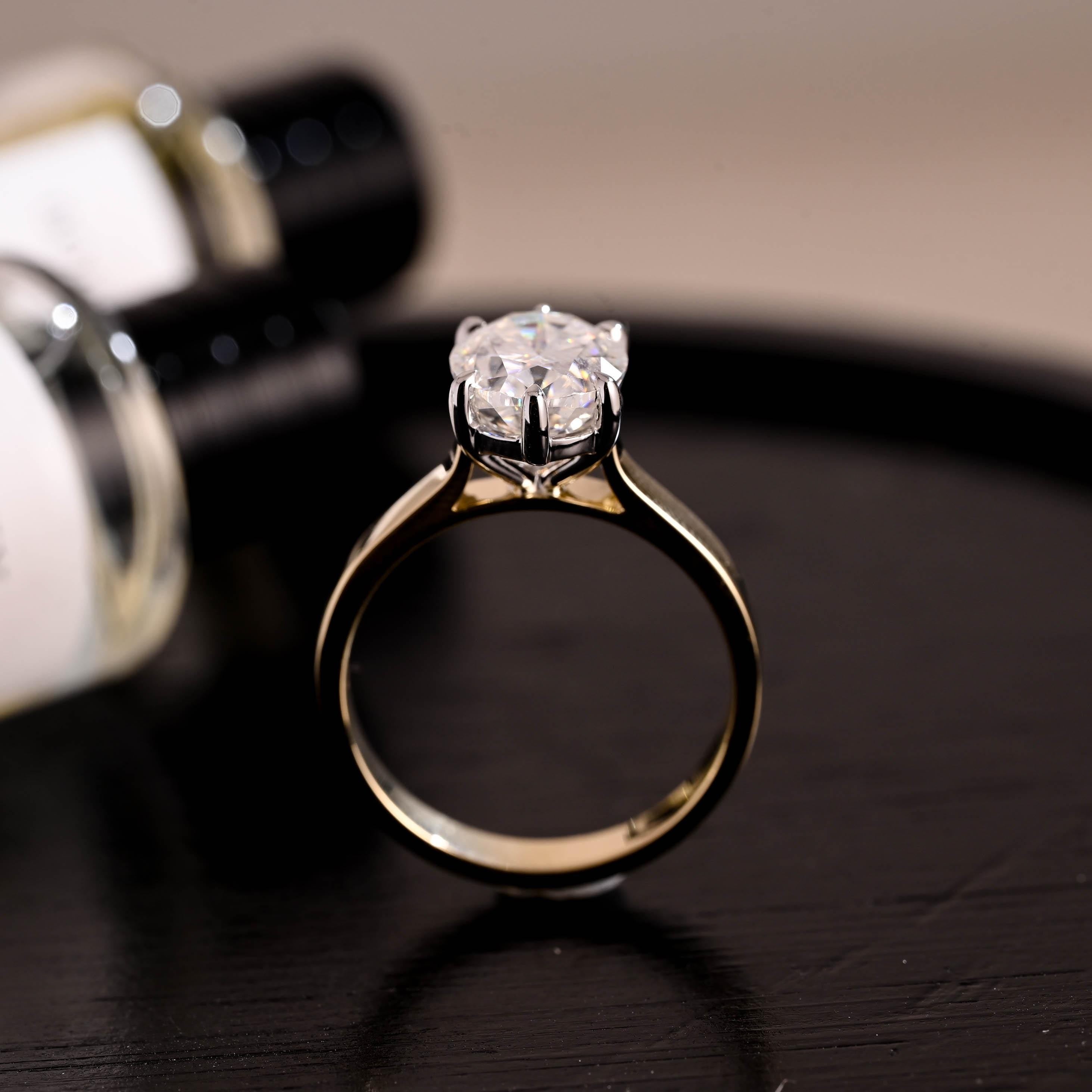 Solid Gold Two Tone Solitaire Oval Cut Moissanite Engagement Ring, 3mm Wide Cathedral Setting