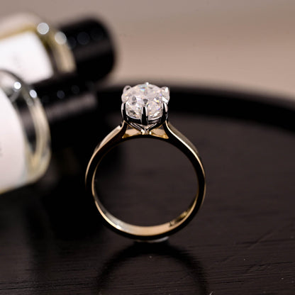 Solid Gold Two Tone Solitaire Oval Cut Moissanite Engagement Ring, 3mm Wide Cathedral Setting