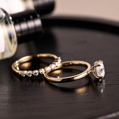 Solid Gold Hidden Halo Oval Cut Moissanite Engagement Ring Set, Half Eternity Ring Bridal Set