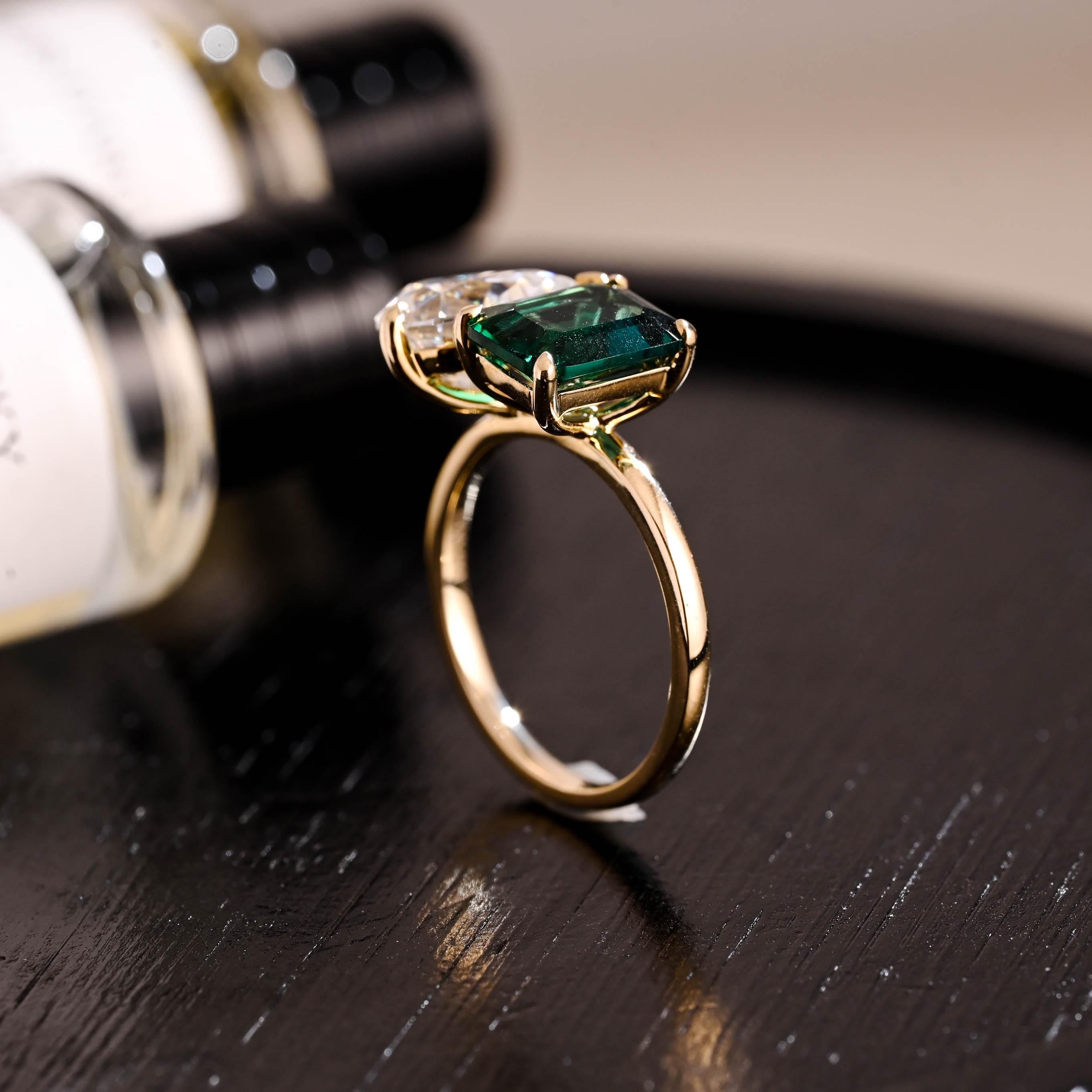 Solid Gold Toi et Moi Ring, Pear Cut & Emerald Cut Green Moissanite Engagement Ring, Two Stone Ring