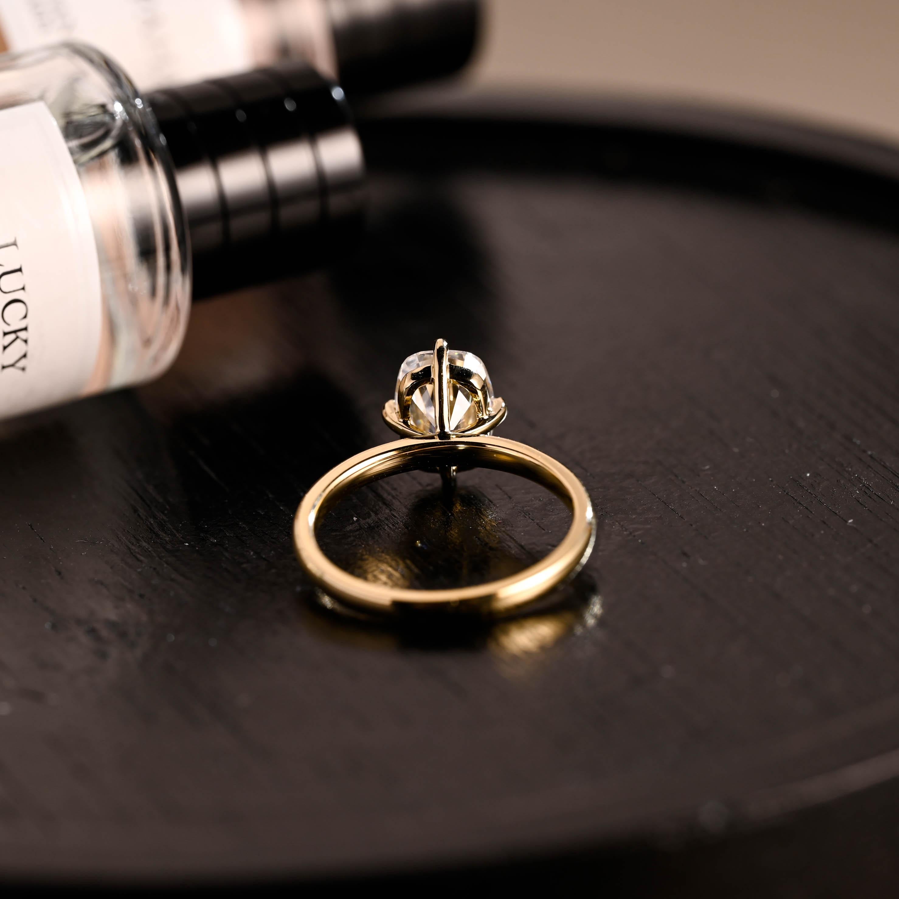 Solid Gold Elongated Cushion Moissanite Engagement Ring, Solitaire Compass Setting Moissanite Wedding Ring