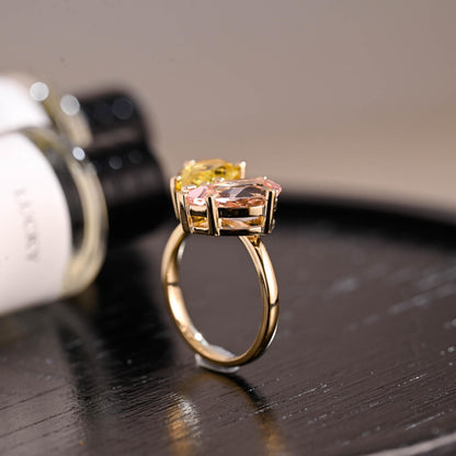 Lab Grown Yellow & Pink Sapphire Toi et Moi Wedding Ring, Solid Gold Two Stone Engagement Ring