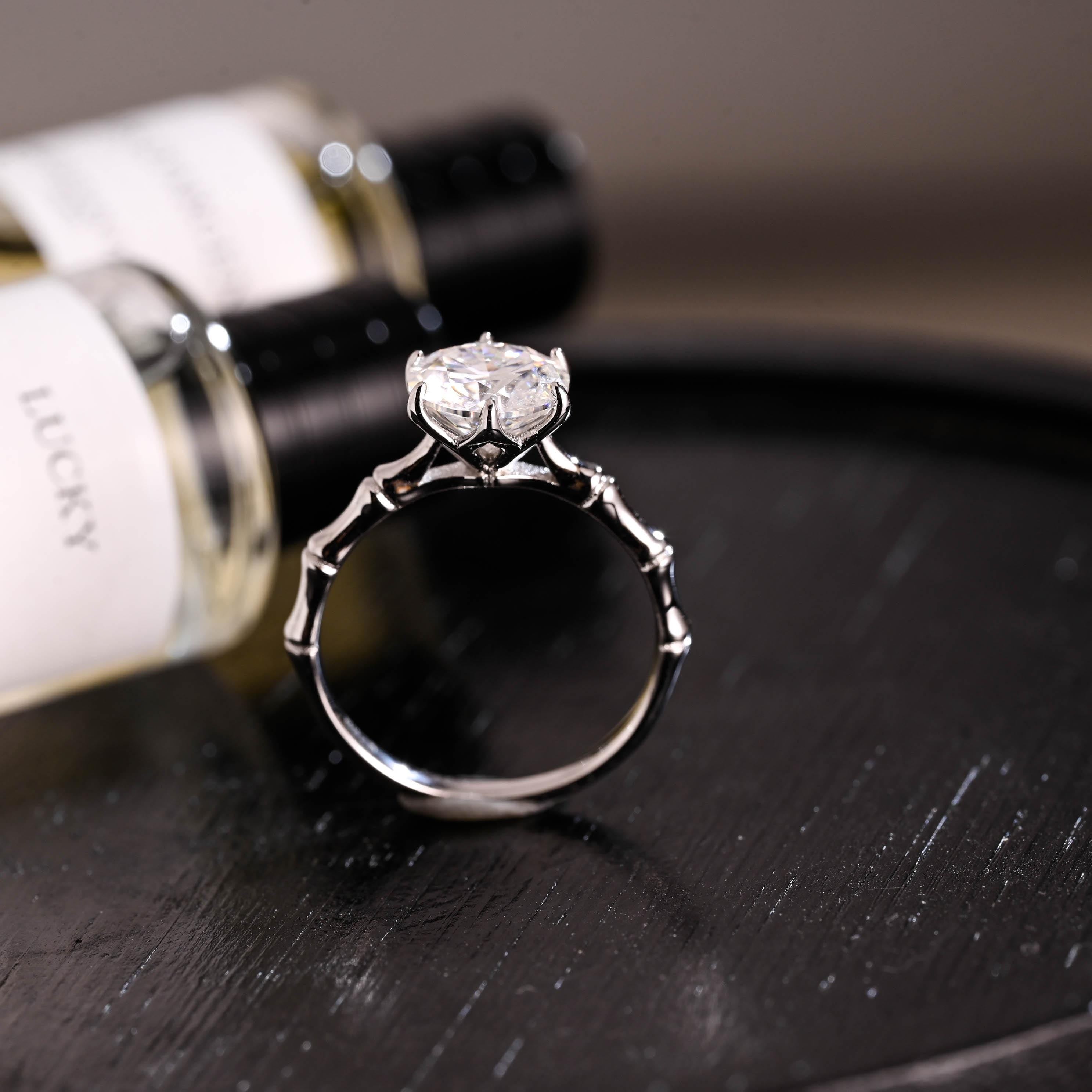 Solid Gold Tulip Prong Setting Round Cut Moissanite Engagement Ring, Bamboo Style Ring Band Wedding Ring