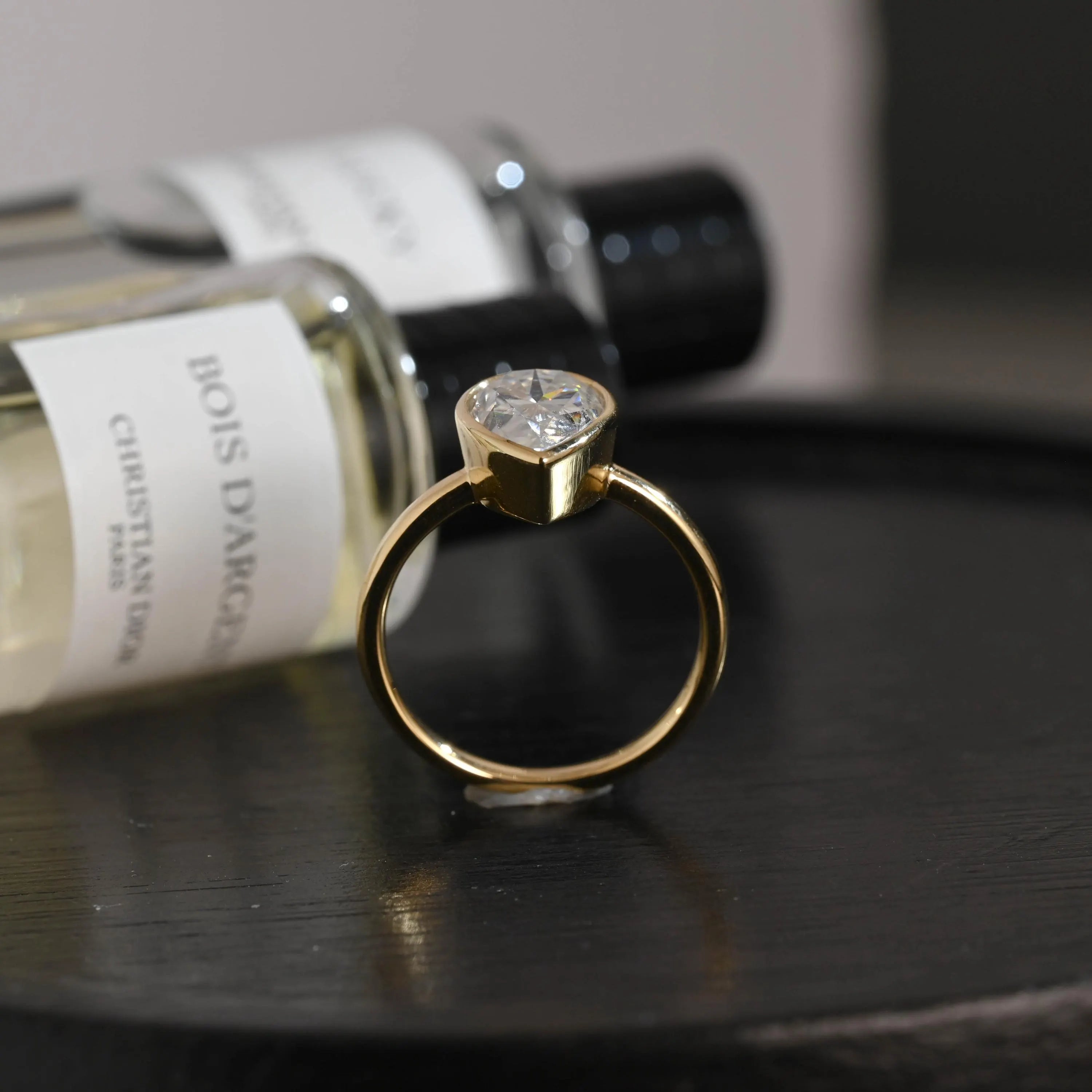 Solid Gold Pear Cut Moissanite Engagement Ring, Proposal Ring, Promise Ring, Solid Bezel Set Wedding Ring