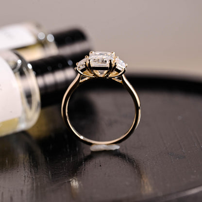 Solid Gold Three Stone Emerald Cut Moissanite Engagement Ring, Anniversary Ring, Moissanite Rings