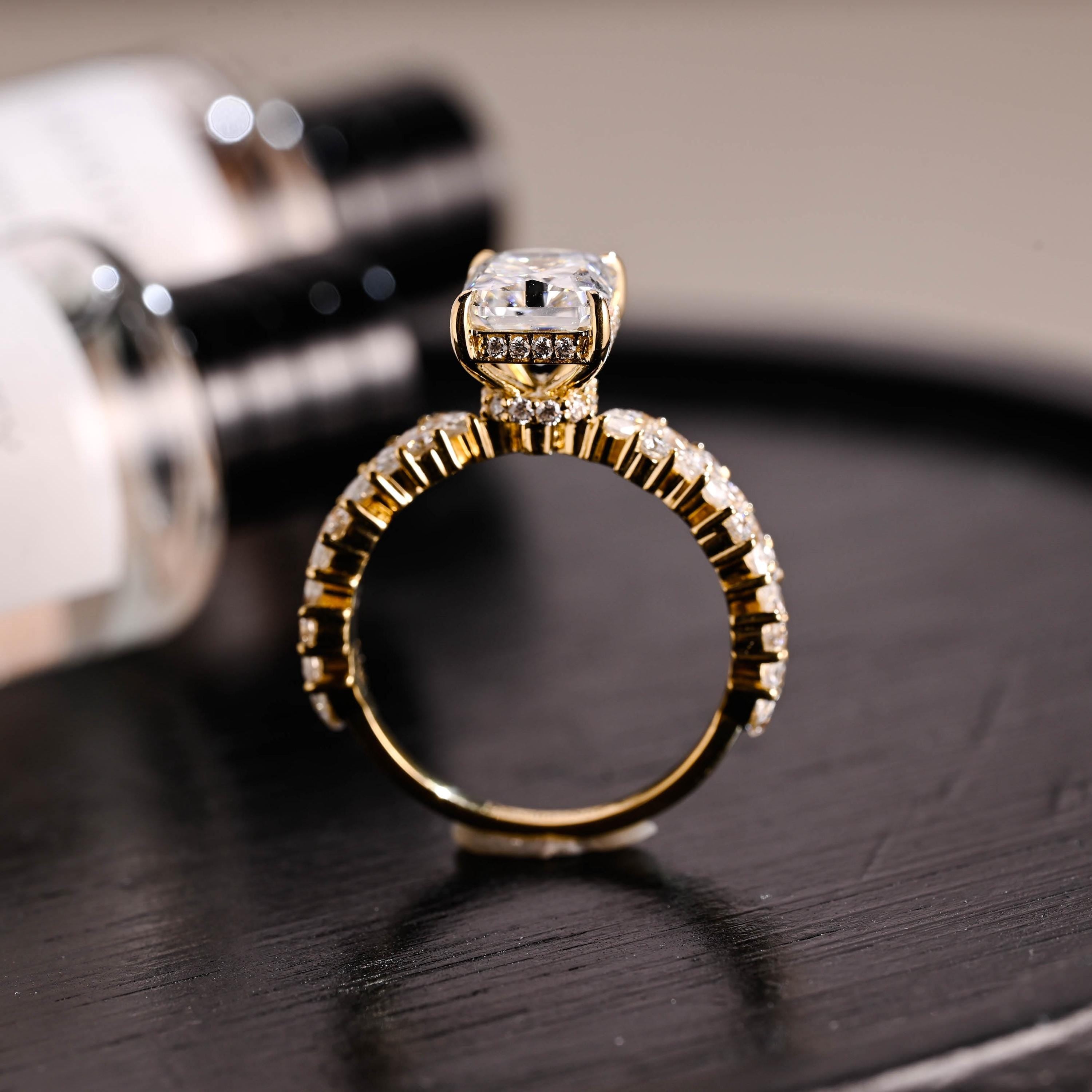 Solid Gold Half Pave Hidden Halo Radiant Cut Moissanite Engagement Ring