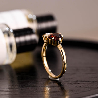 Toi et Moi Garnet Ring Pear Moissanite Engagement Ring, Solid Gold Heart Shaped Garnet Ring