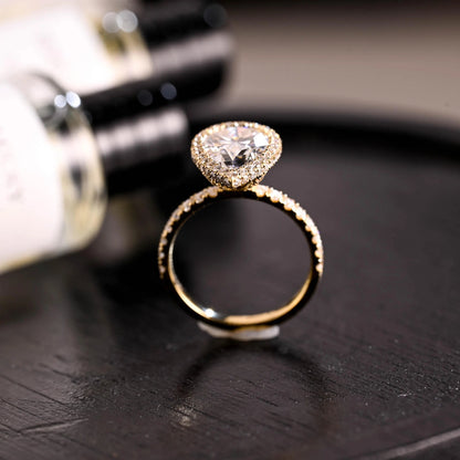 Prong Pave Pear Cut Moissanite Engagement Ring, Solid Gold Halo Pear Moissanite Wedding Ring