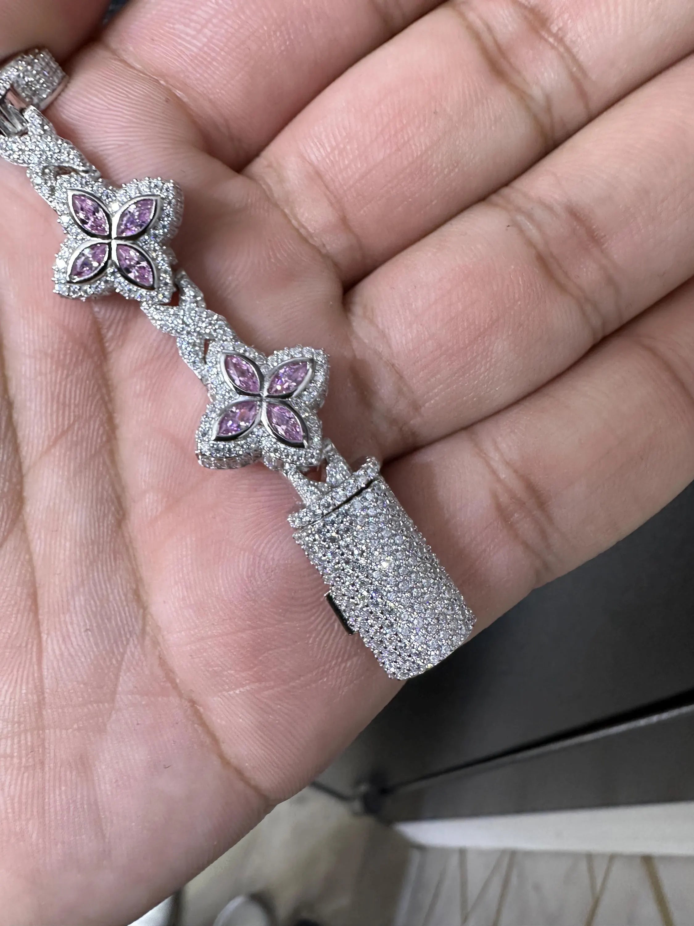 Iced Out Clover Bracelet: 925 Sterling Silver, Pink Sapphire Moissanite