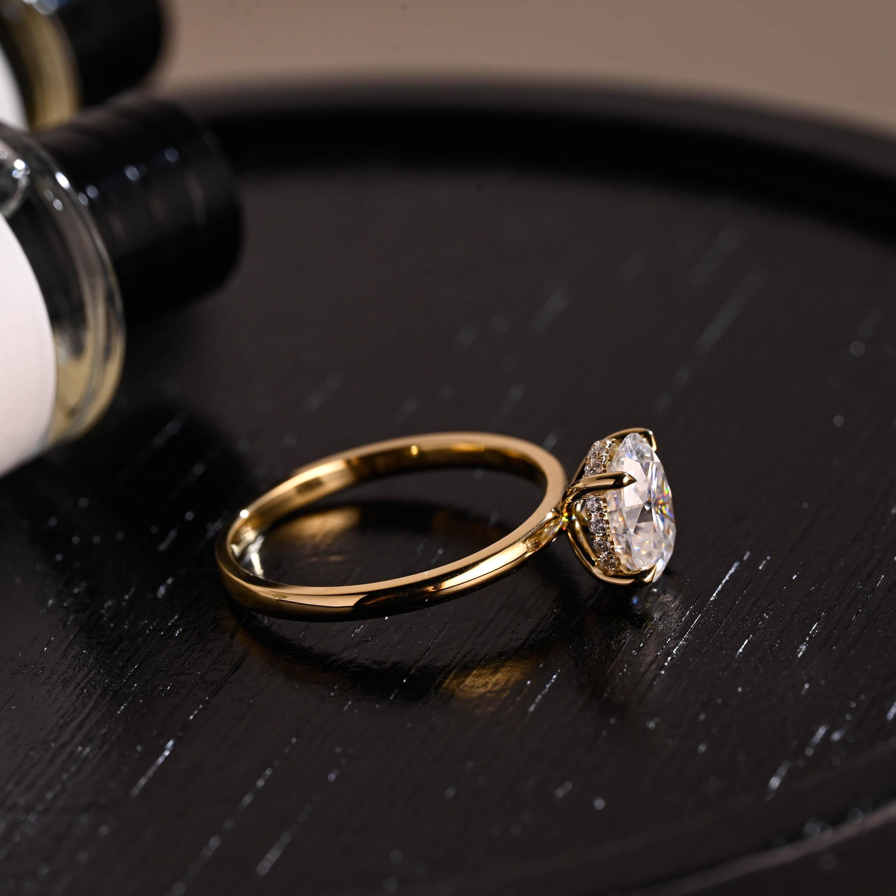 Solid Gold Oval Cut Moissanite Engagement Ring, Hidden Halo Wedding Ring