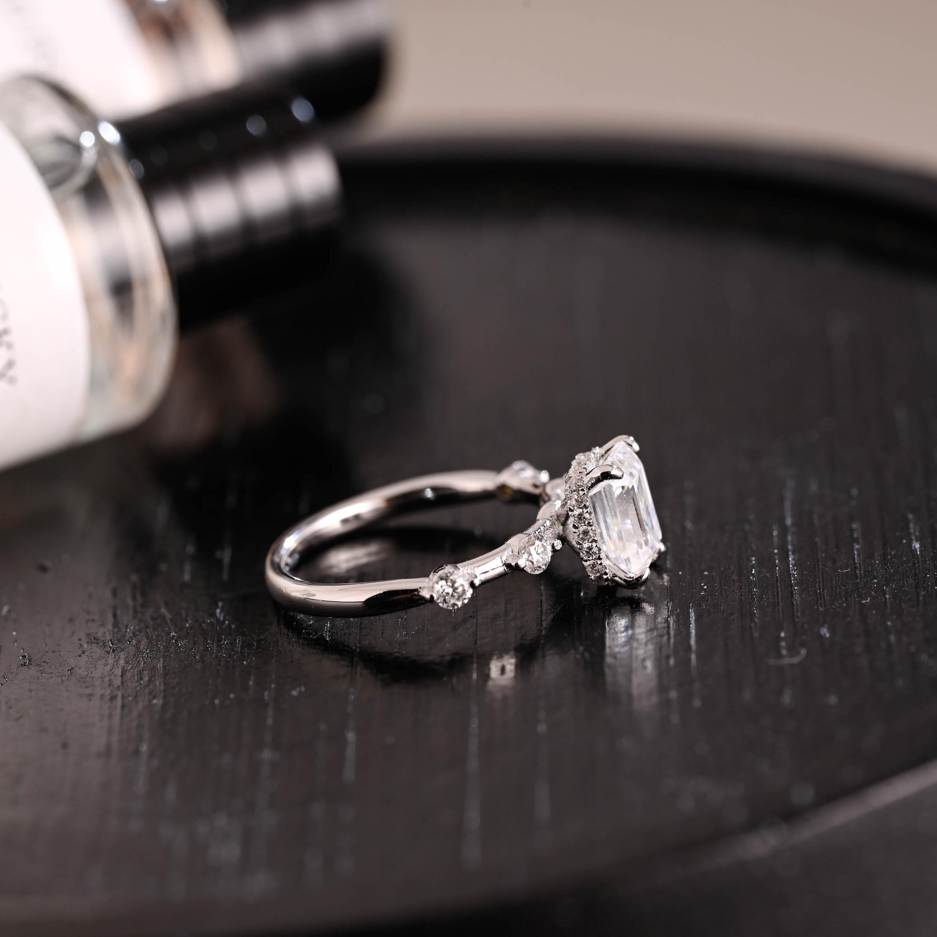 Solid Gold Hidden Halo Emerald Cut Moissanite Engagement Ring, Proposal Ring, Promise Ring, Wedding Ring, Anniversary Gift for Women Wife